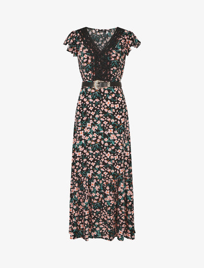 Robe longue élastiquée imprimé fleuri et broderies - Noir - 4