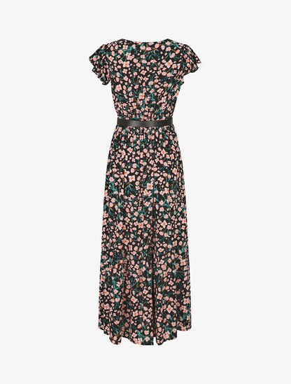 Robe longue élastiquée imprimé fleuri et broderies - Noir - 2