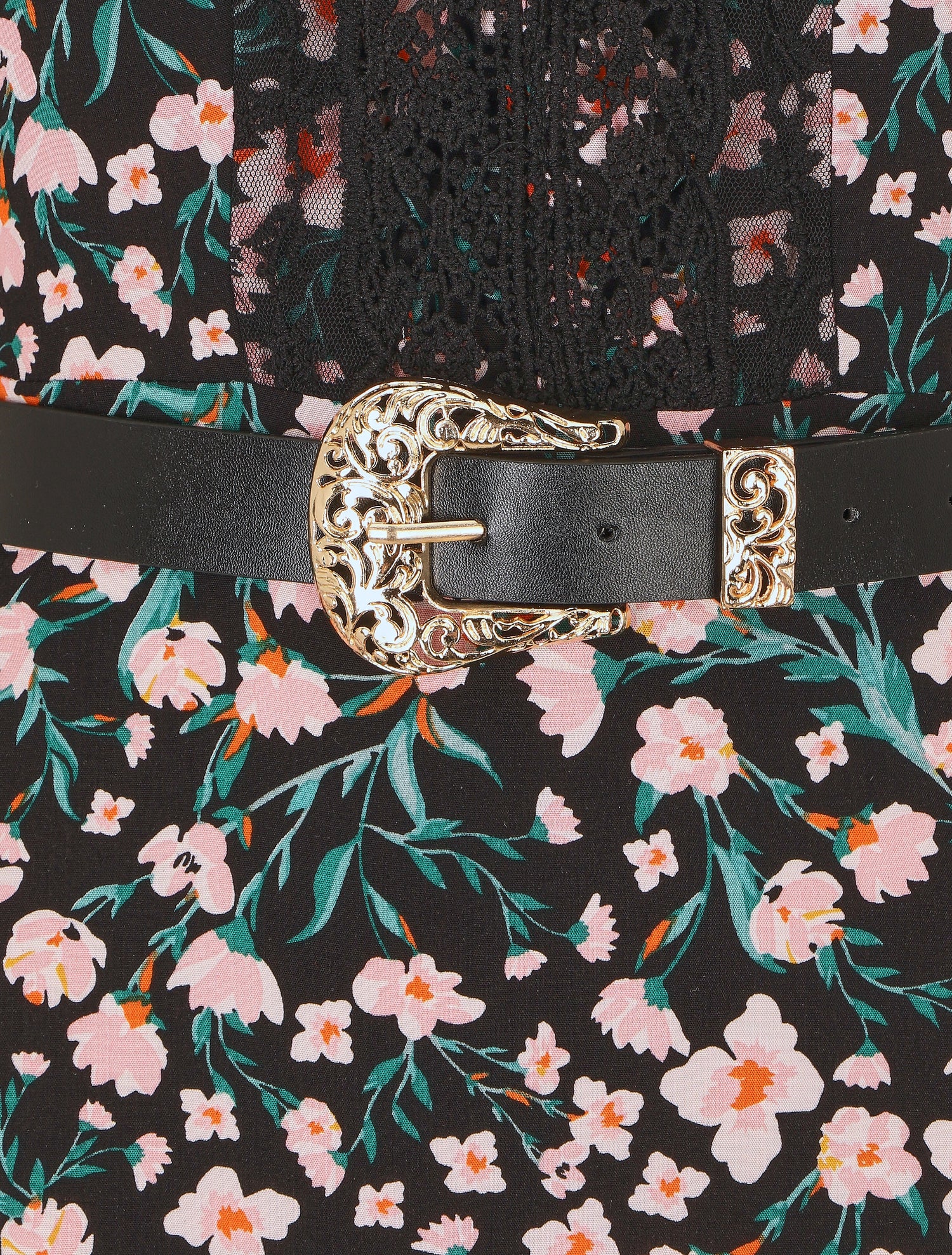 Robe longue élastiquée imprimé fleuri et broderies - Noir - 3