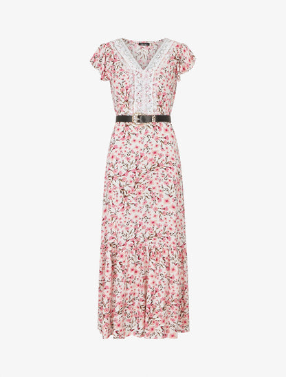 Robe longue élastiquée imprimé fleuri et broderies - Blanc - 1