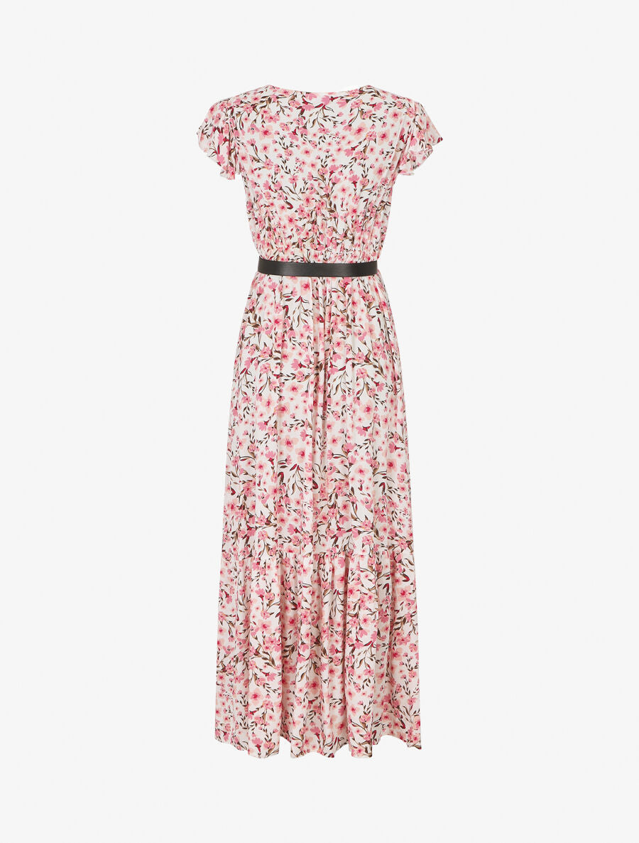 Robe longue élastiquée imprimé fleuri et broderies - Blanc - 2