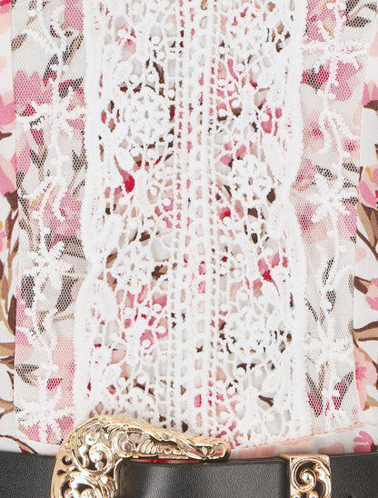 Robe longue élastiquée imprimé fleuri et broderies - Blanc - 3