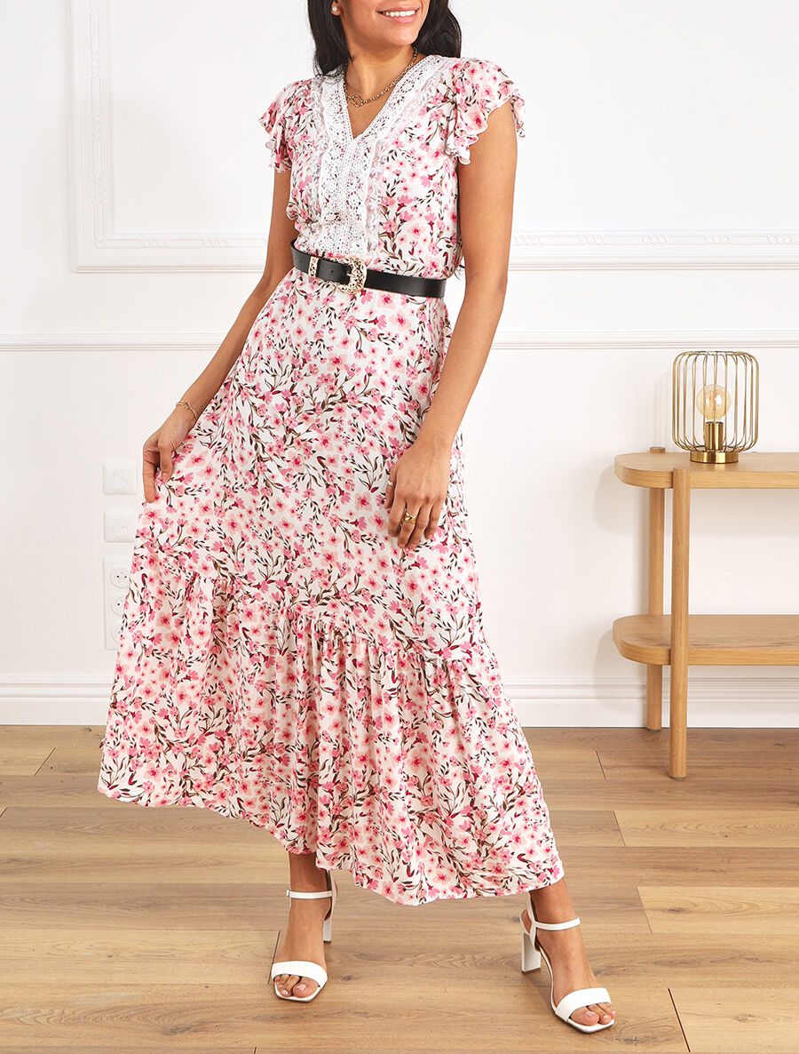 Robe longue élastiquée imprimé fleuri et broderies - Blanc - 4