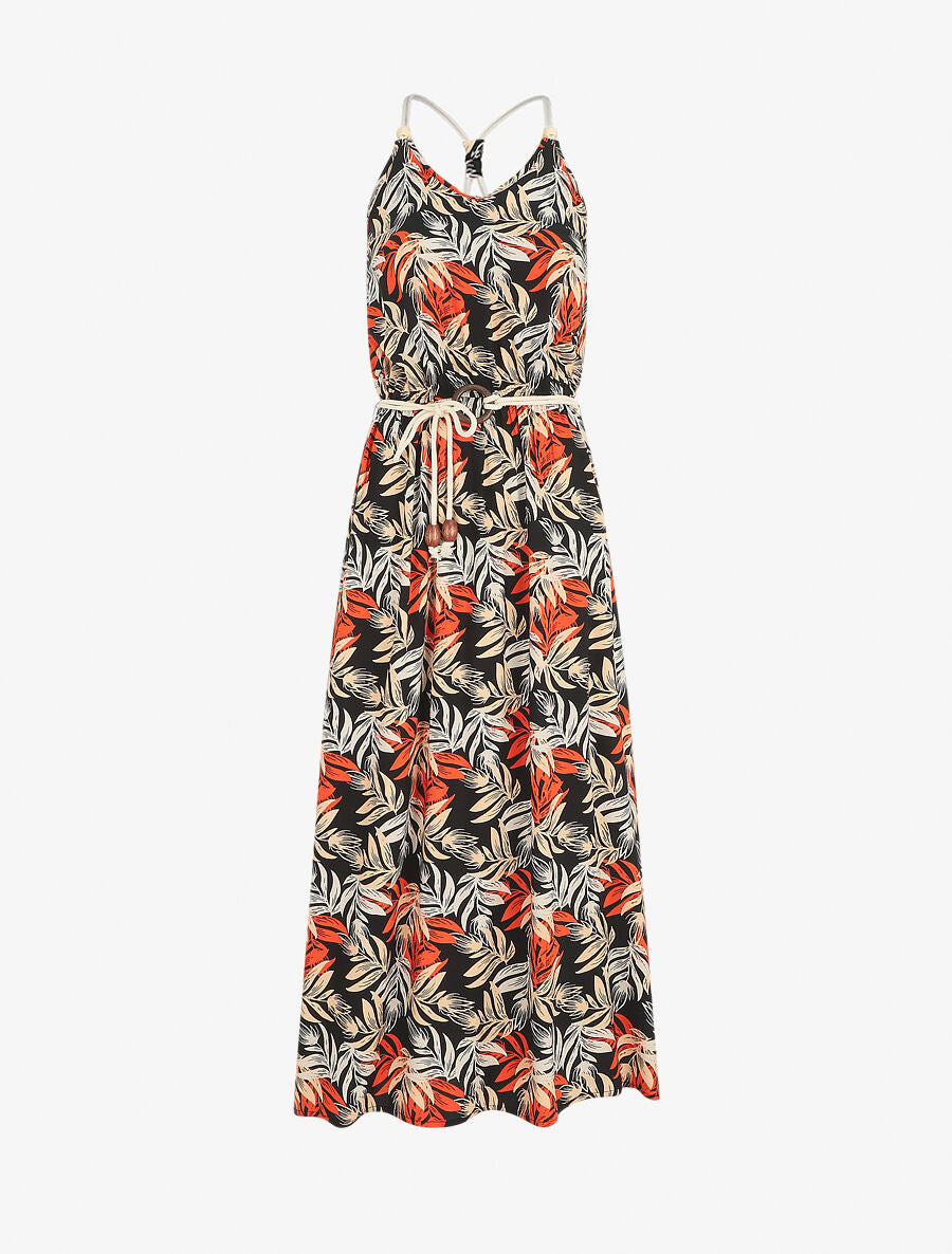 Robe longue empire à imprimé feuilles - Noir - 1