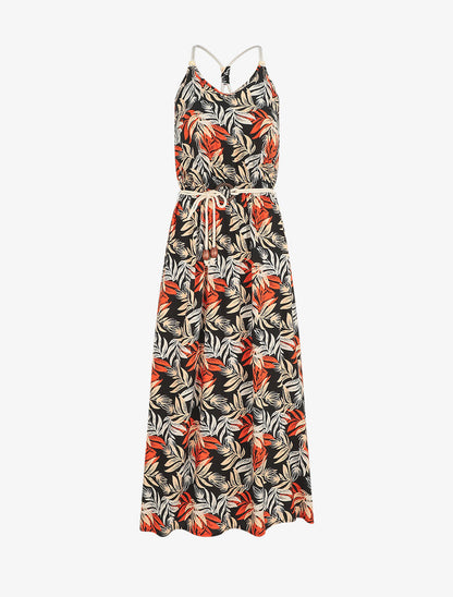 Robe longue empire à imprimé feuilles - Noir - 1