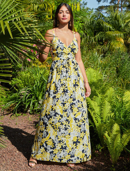 Robe longue empire à imprimé fleurs - Jaune - 4