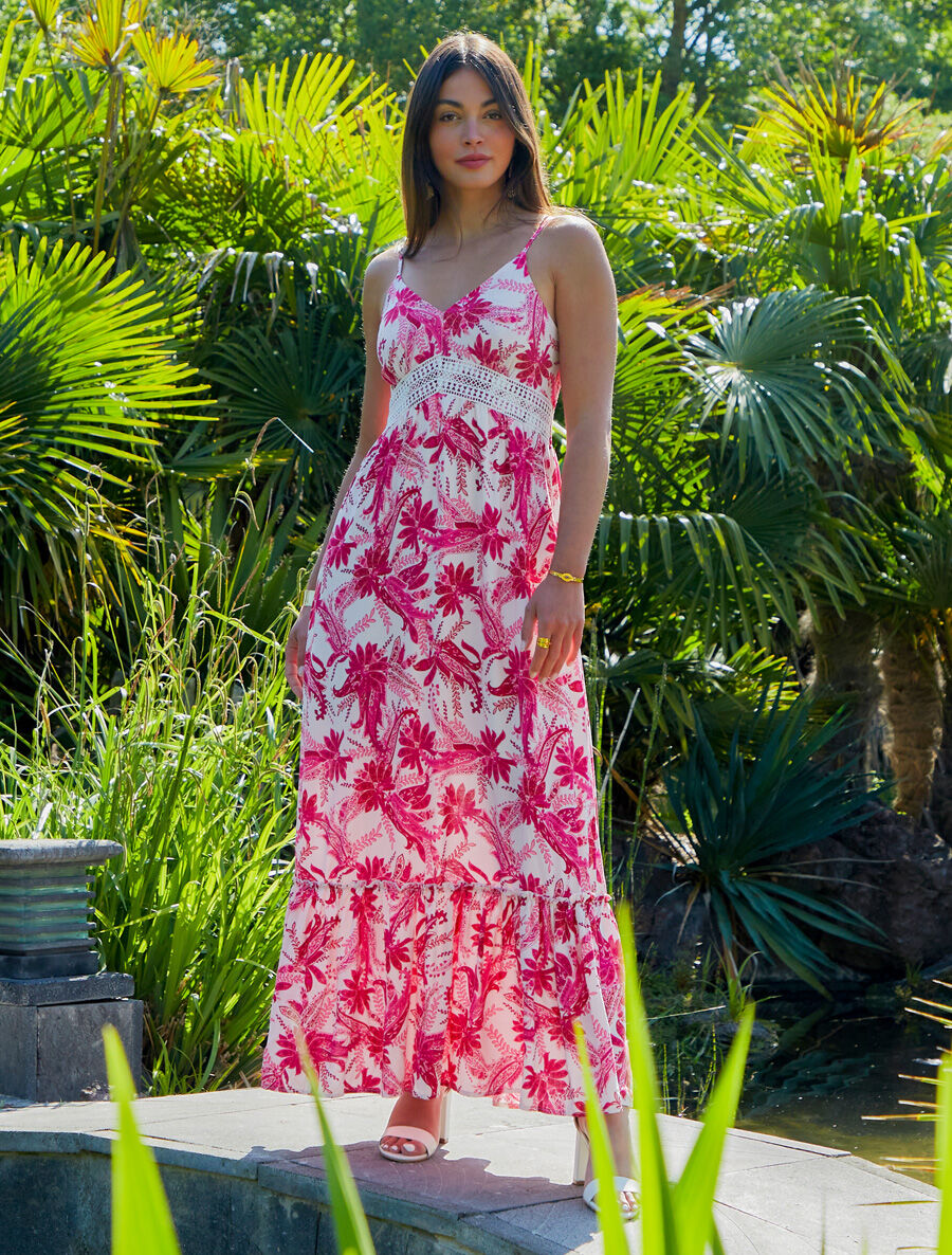 Robe imprimé foulard à base volantée - Fushia - 1