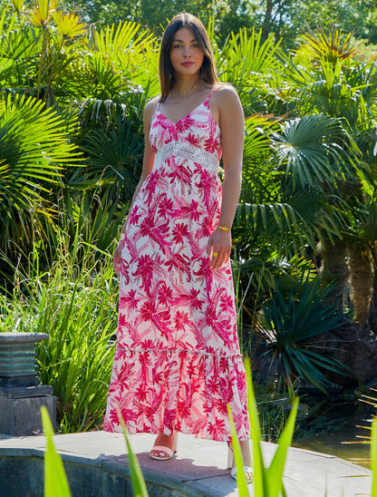 Robe imprimé foulard à base volantée - Fushia - 1