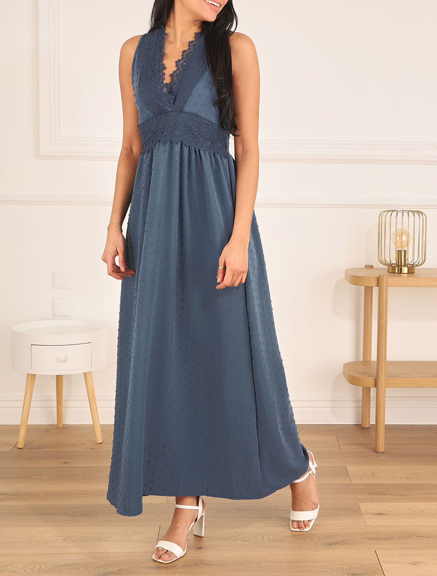 Robe longue unie texturée - Bleu - 4
