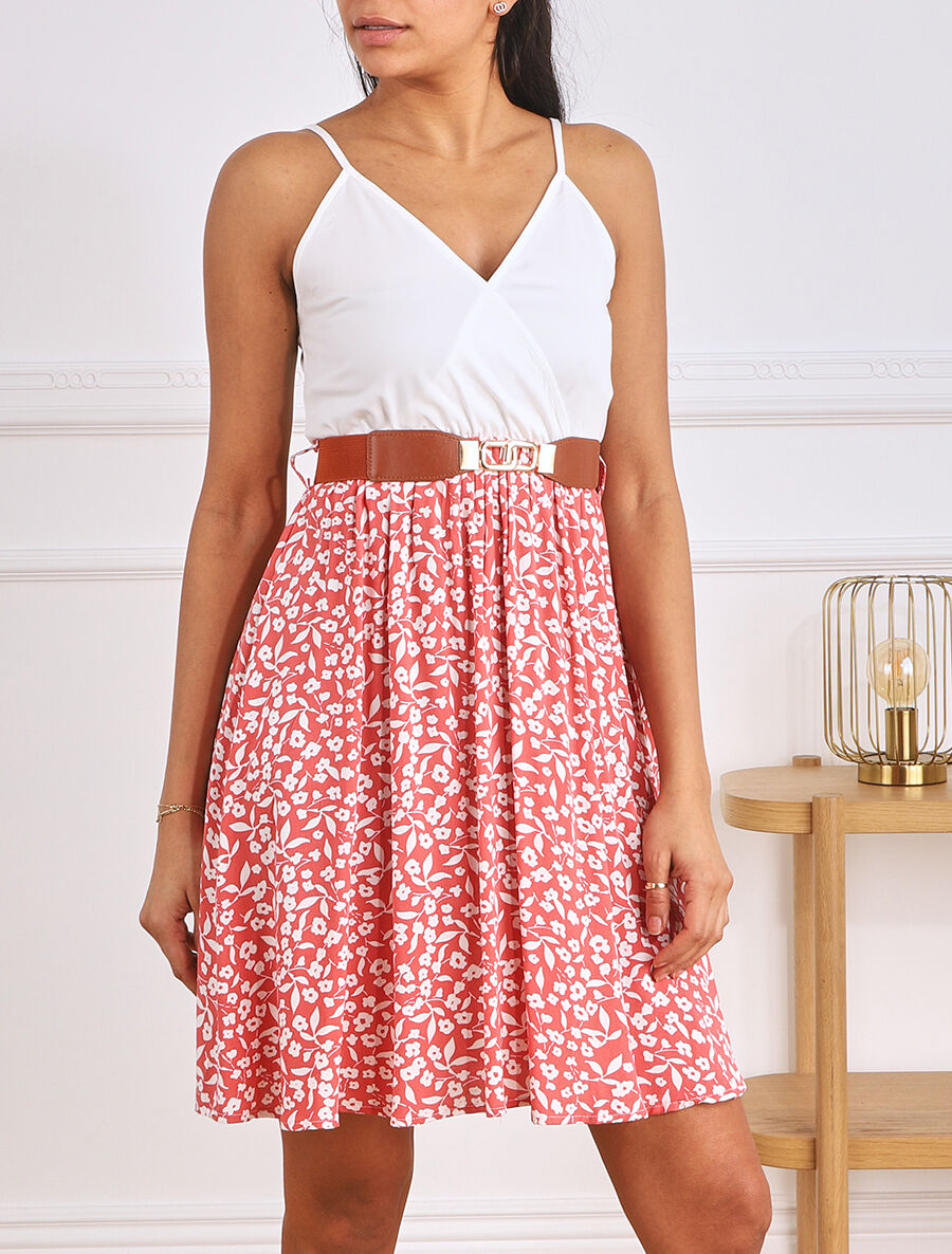 Robe mi-longue fleurie à fines bretelles - Rose - 4