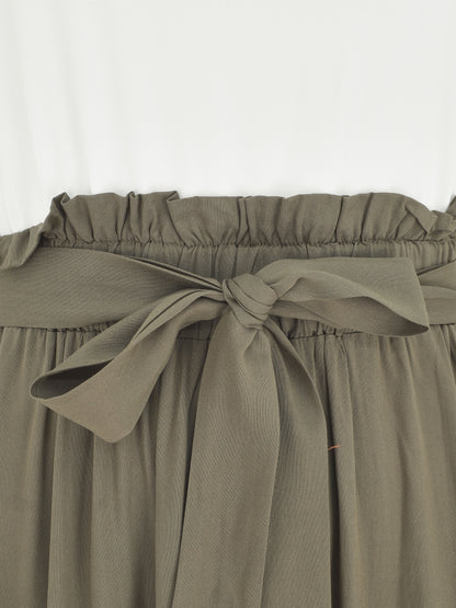 Robe longue évasée sans manches bicolore - Kaki - 3