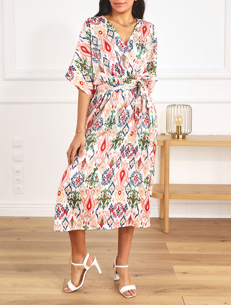 Robe longue style kimono imprimé aztèque - Rose - 4