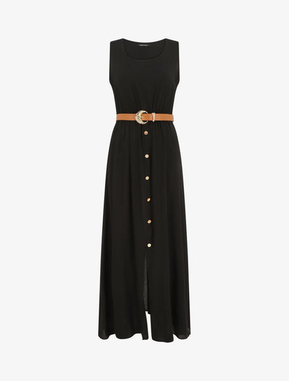 Robe longue unie boutonnée sans manches - Noir - 5