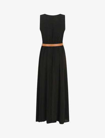 Robe longue unie boutonnée sans manches - Noir - 2