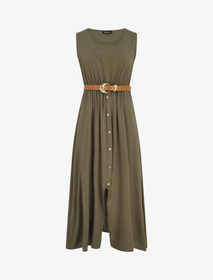 Robe longue unie boutonnée sans manches - Kaki - 1