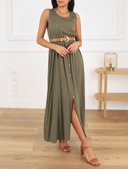 Robe longue unie boutonnée sans manches - Kaki - 4