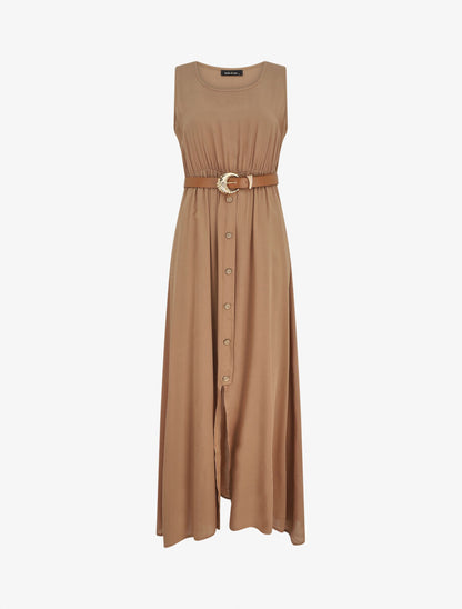 Robe longue unie boutonnée sans manches - Beige - 1