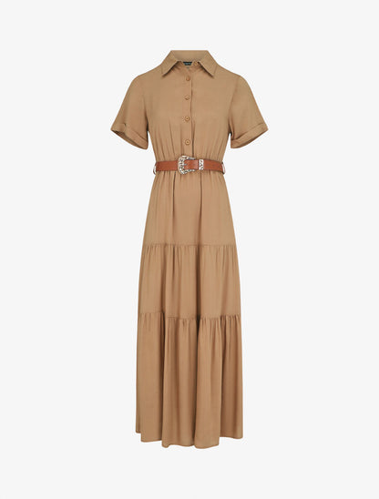 Robe longue unie à taille élastiquée - Beige - 1