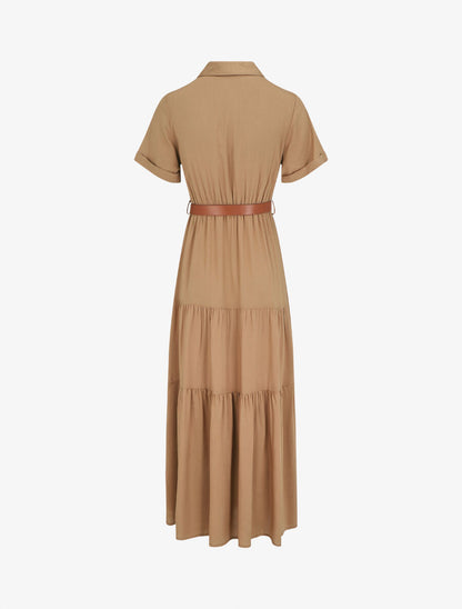 Robe longue unie à taille élastiquée - Beige - 2