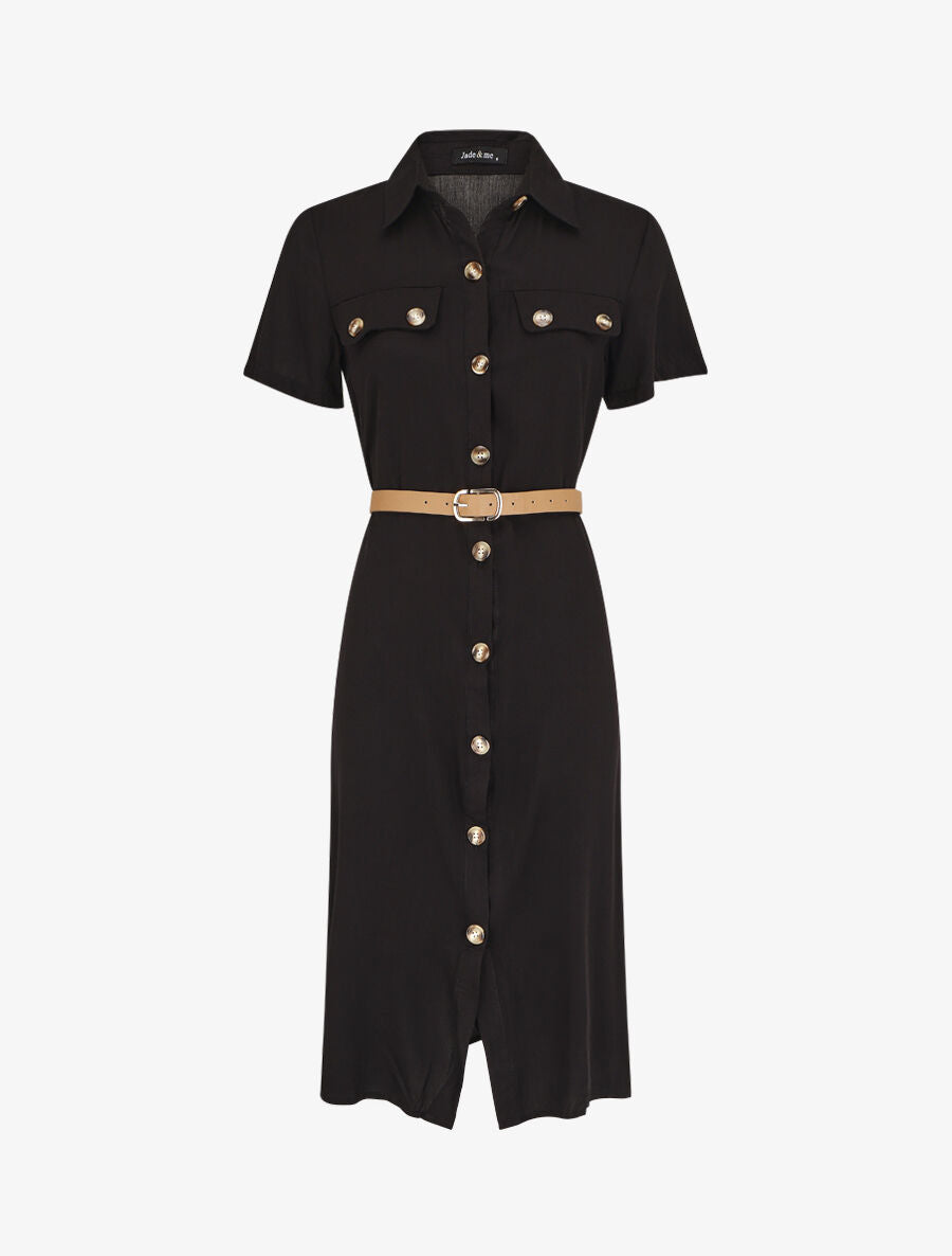 Robe chemise droite mi-longue manches courtes - Noir - 4