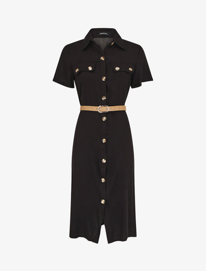 Robe chemise droite mi-longue manches courtes - Noir - 4