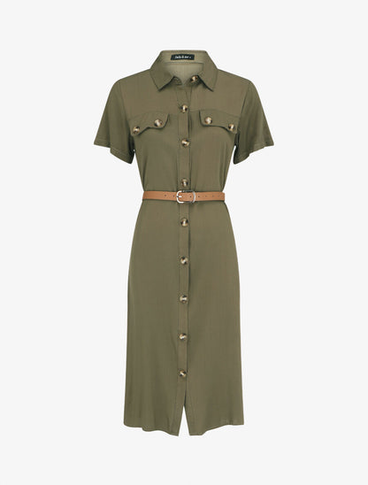 Robe chemise droite mi-longue manches courtes - Kaki - 1