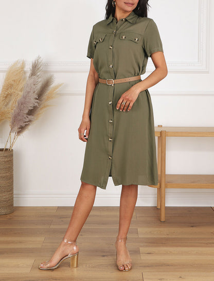 Robe chemise droite mi-longue manches courtes - Kaki - 4