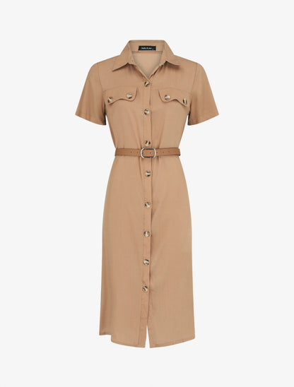 Robe chemise droite mi-longue manches courtes - Beige - 5