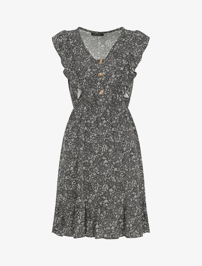 Robe mi-longue volantées imprimé cachemire - Noir - 5