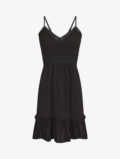 Robe courte unie et broderies - Noir - 4