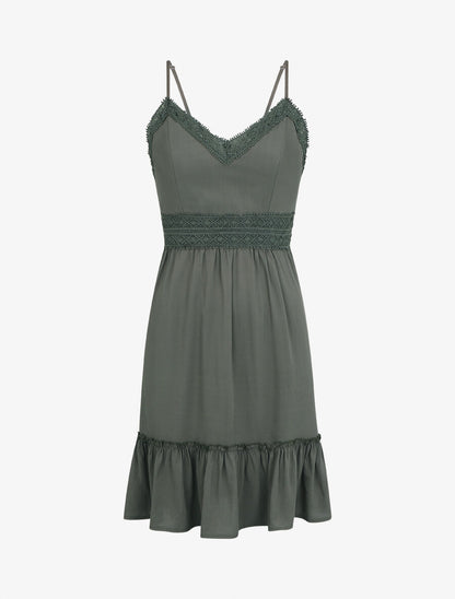 Robe courte unie et broderies - Kaki - 1