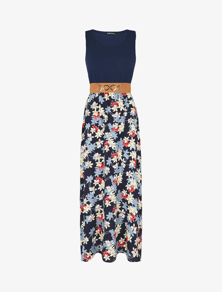 Robe bicolore imprimé fleuri - Marine - 7
