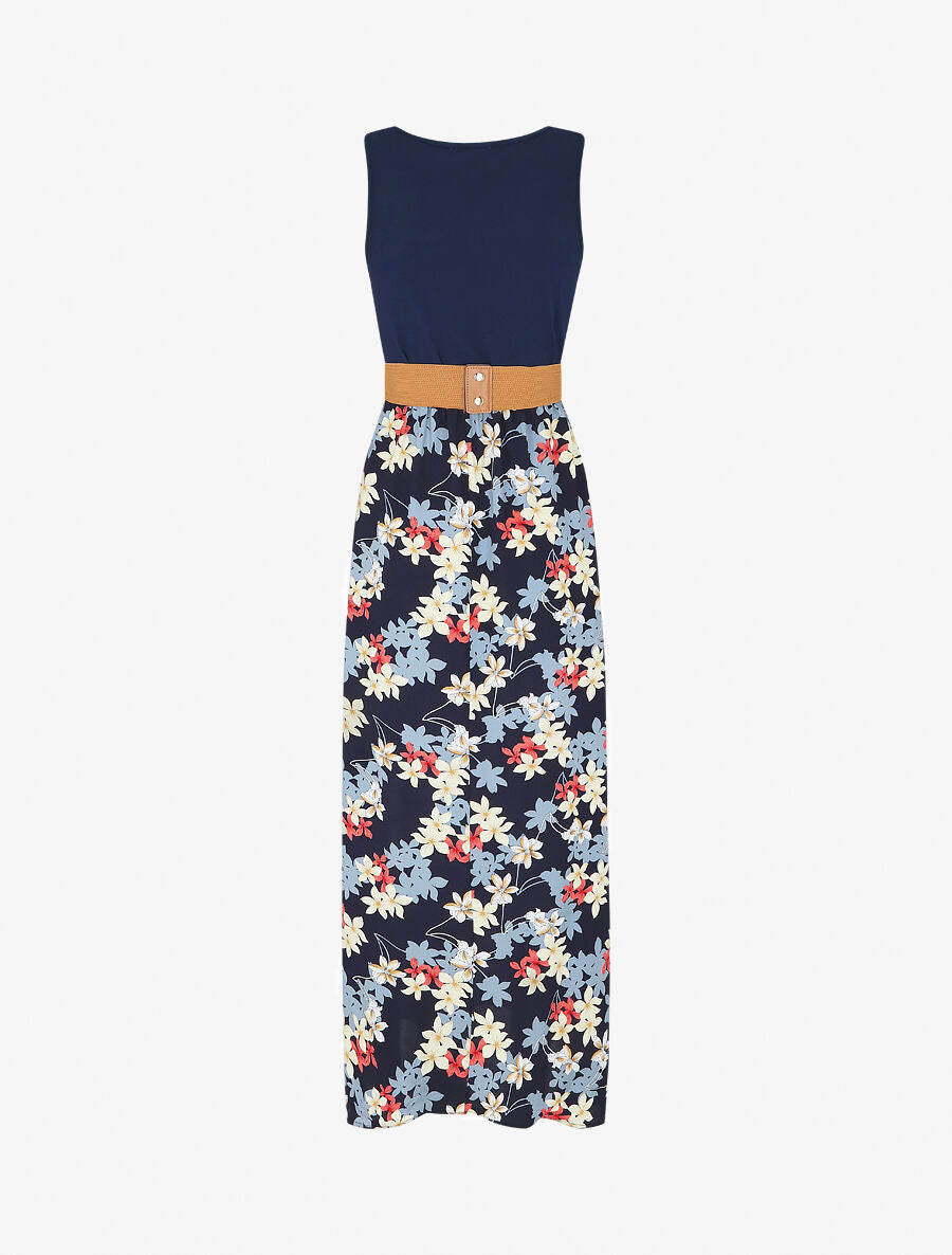 Robe bicolore imprimé fleuri - Marine - 2