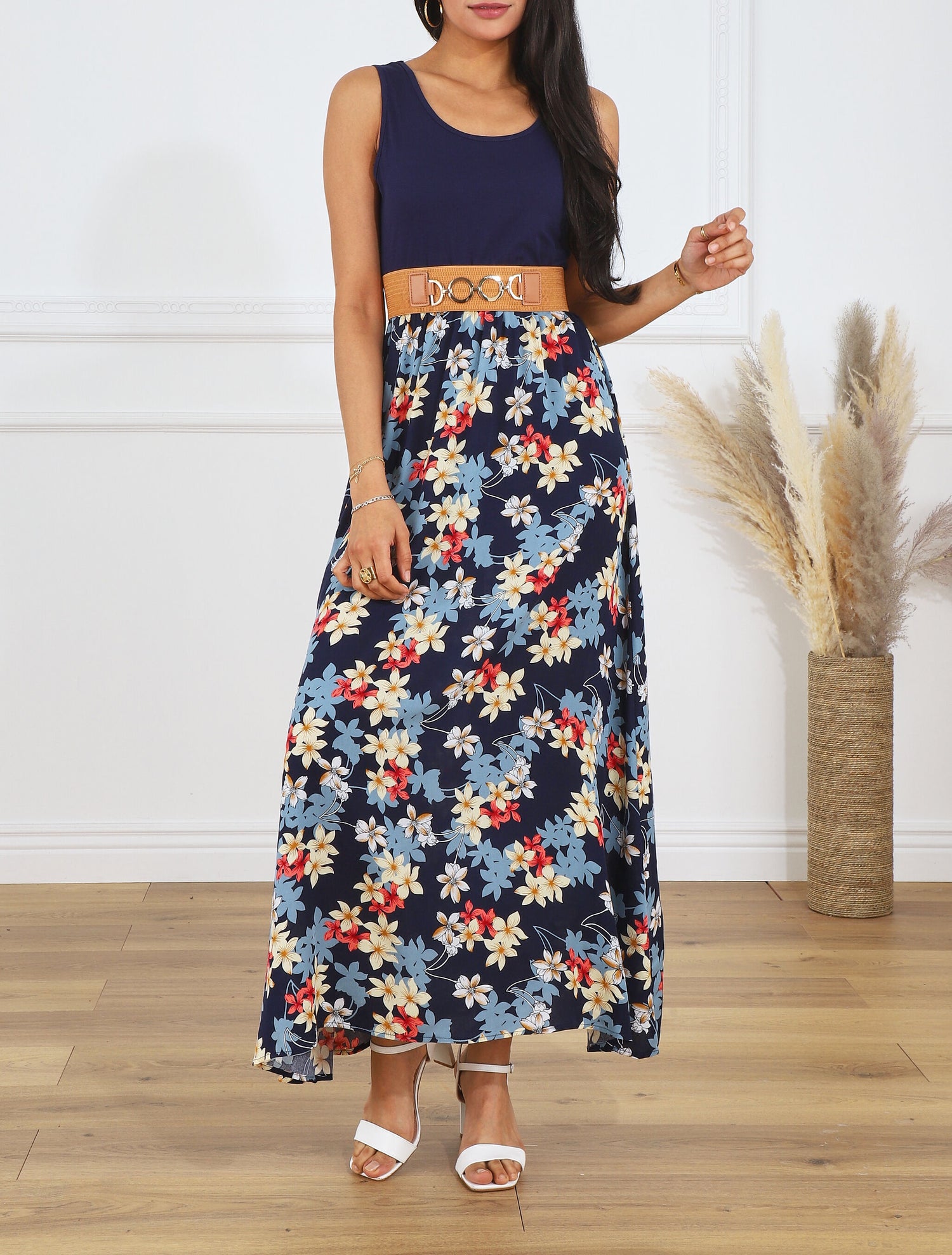 Robe bicolore imprimé fleuri - Marine - 4