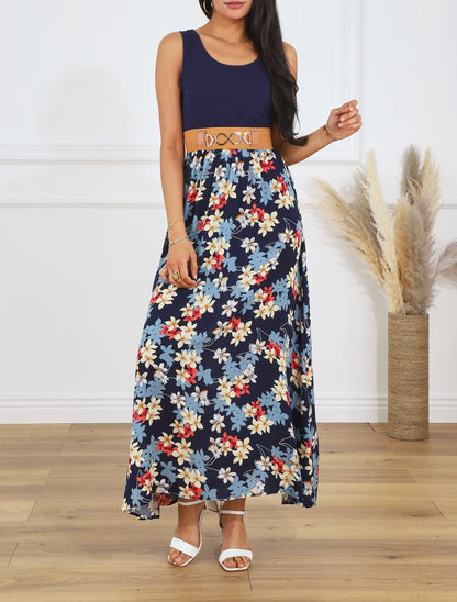 Robe bicolore imprimé fleuri - Marine - 4