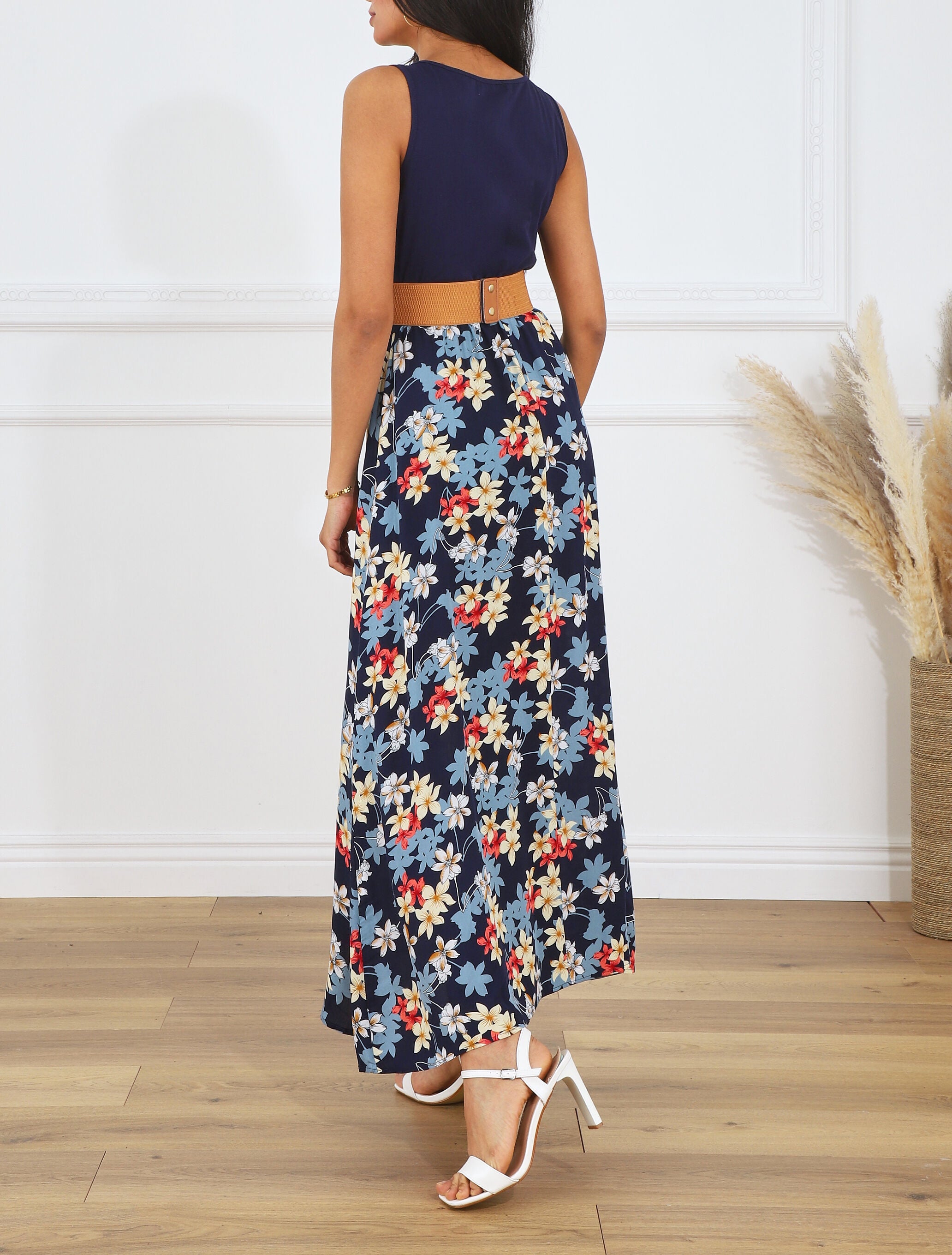 Robe bicolore imprimé fleuri - Marine - 5
