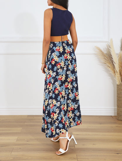 Robe bicolore imprimé fleuri - Marine - 5