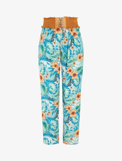 Pantalon droit taille haute imprimé tropical - Vert d&