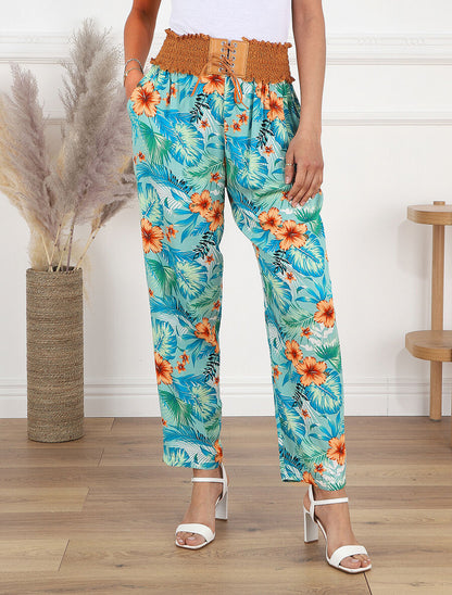 Pantalon droit taille haute imprimé tropical - Vert d&