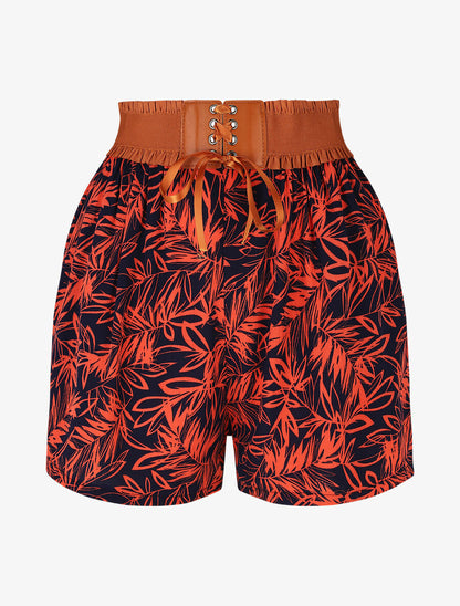 Short à taille haute style corset imprimé tropical - Rouge - 1