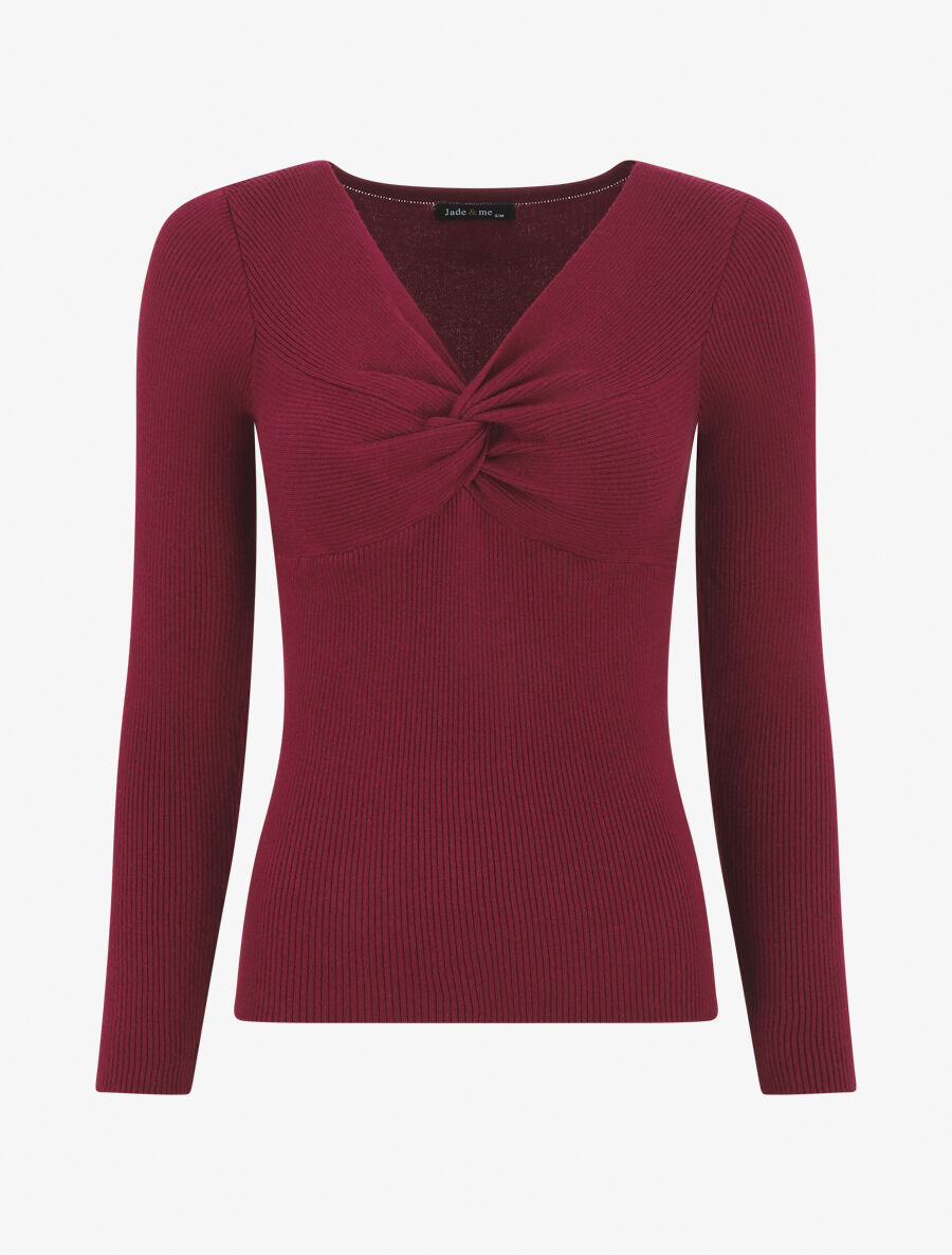 Pull fin côtelé à col nœud - Bordeaux - 4