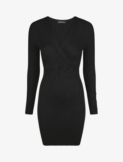 Robe unie moulante col cache-coeur - Noir - 1