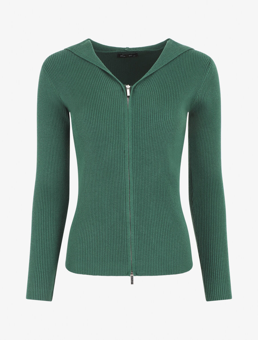 Gilet côtelé à capuche et zip - Vert - 1