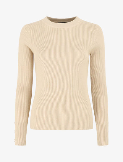 Pull côtelé à boutons décoratifs aux manches - Beige - 1