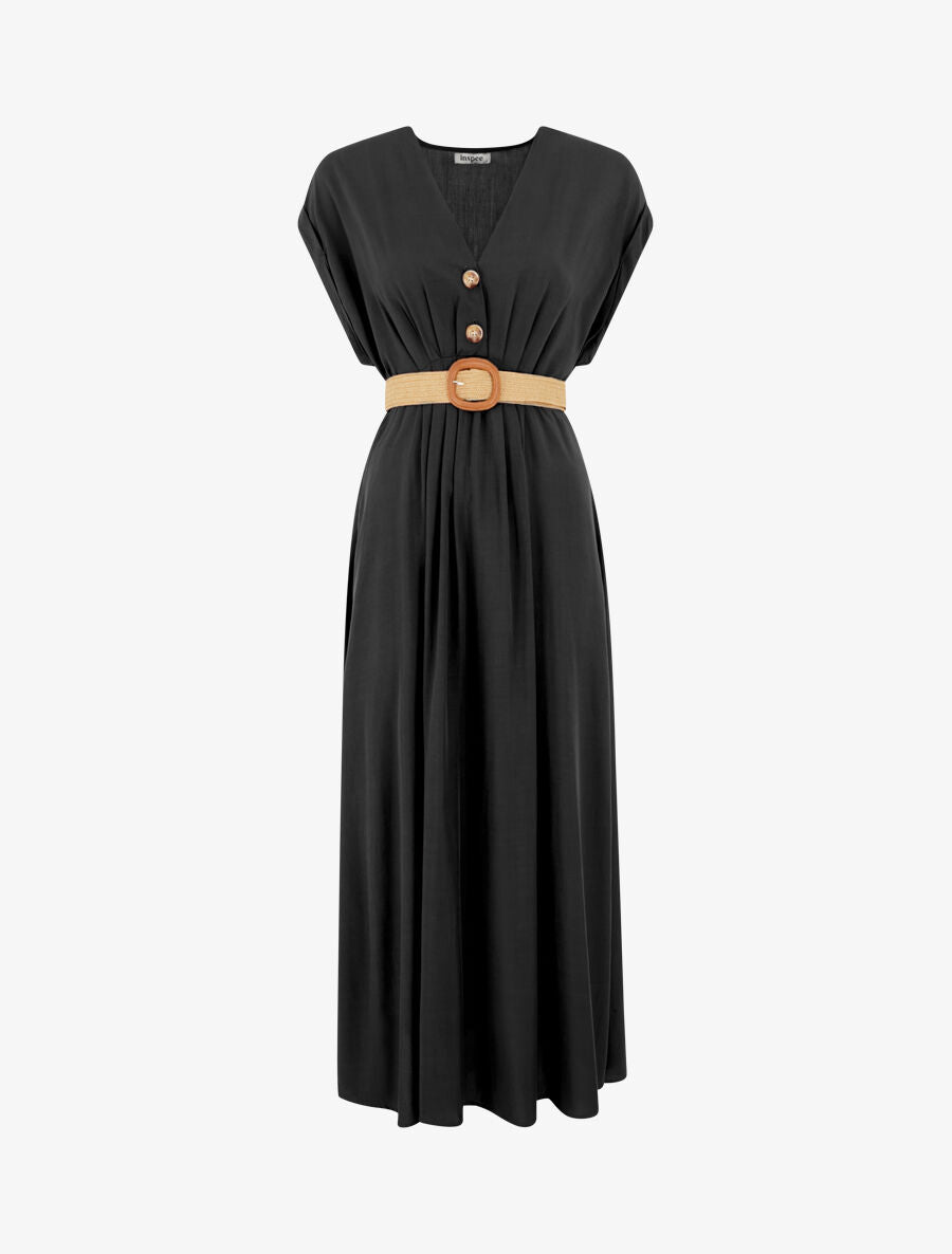 Robe longue unie élastiquée - Noir - 1