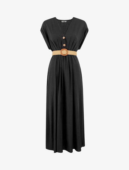 Robe longue unie élastiquée - Noir - 1