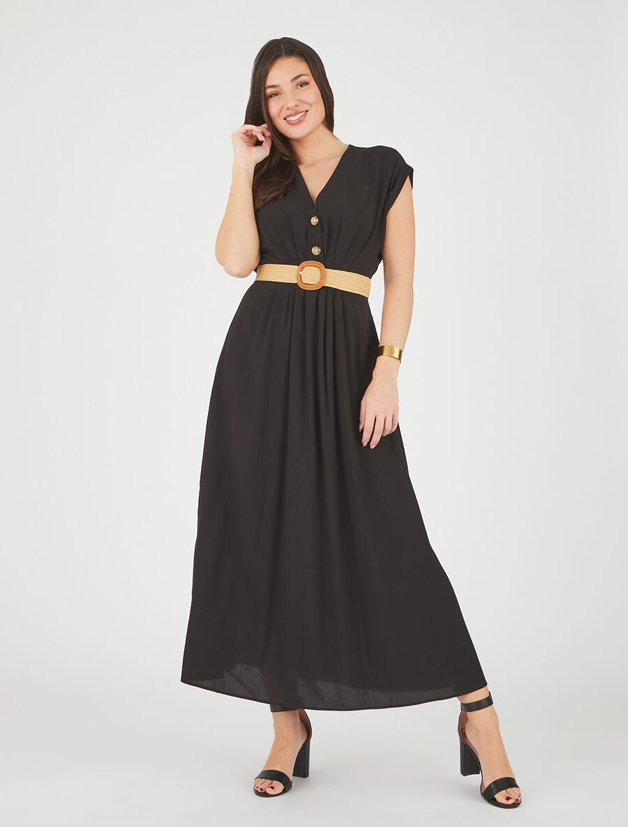 Robe longue unie élastiquée - Noir - 4