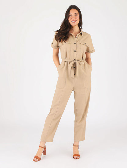 Combinaison unie boutonnée - Beige - 4