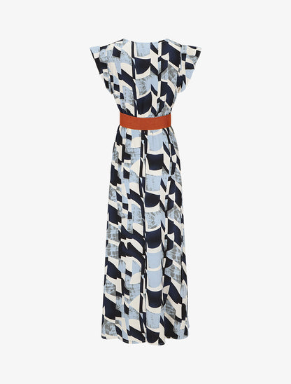 Robe imprimé graphique à manches courtes volantées - Bleu - 2