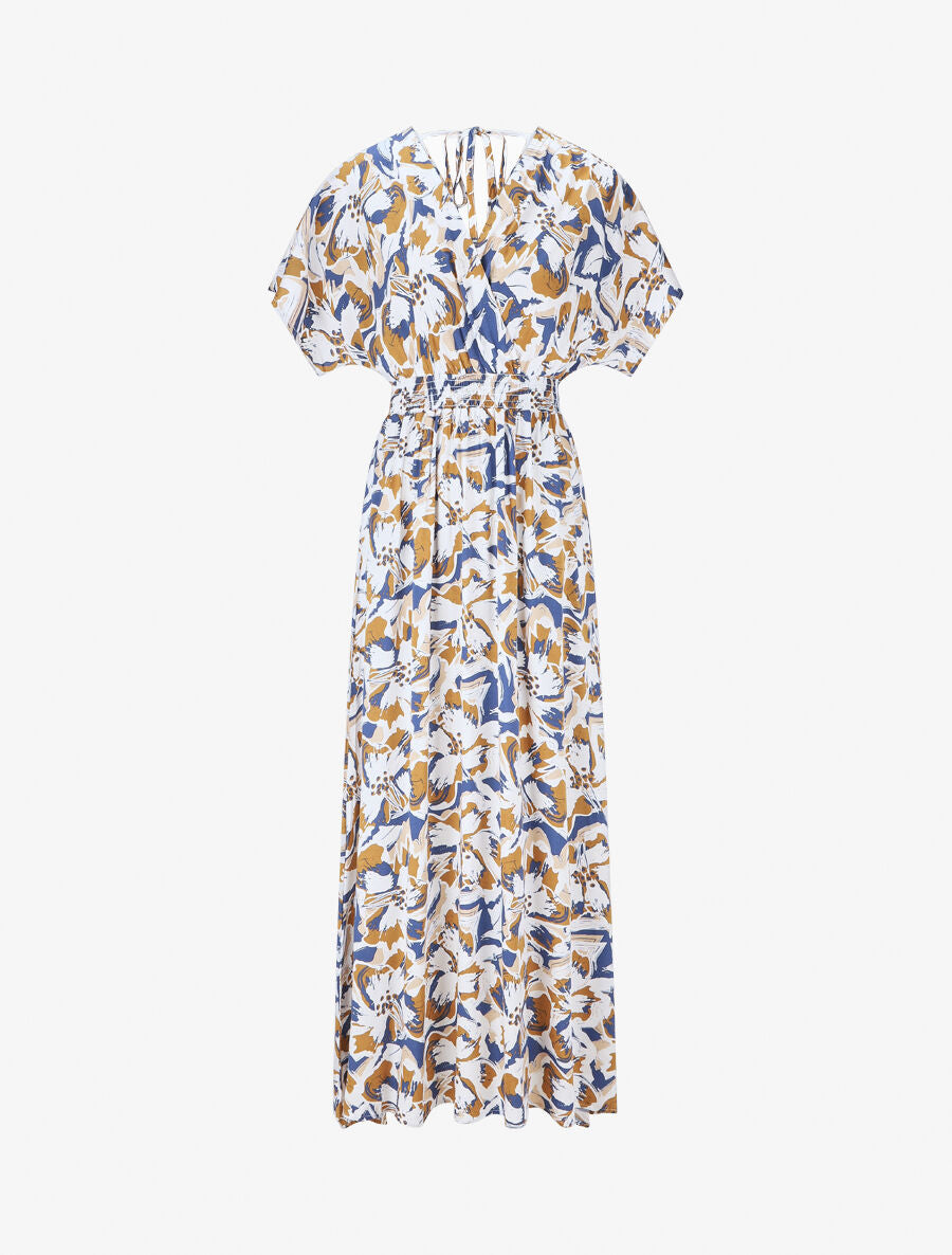 Robe longue manches courtes imprimé tropical - Bleu - 1